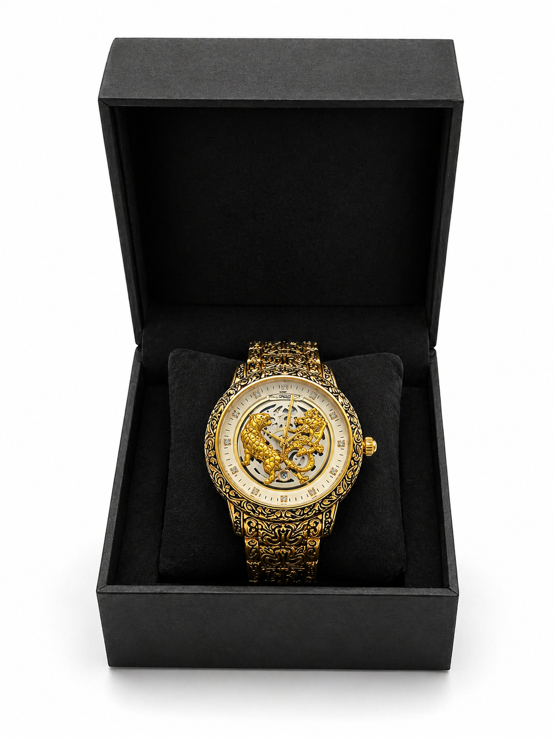 Luxury Gold Skeleton White Dial Watch For Men – Premium Engraved Designer Dial With Stainless Steel Strap