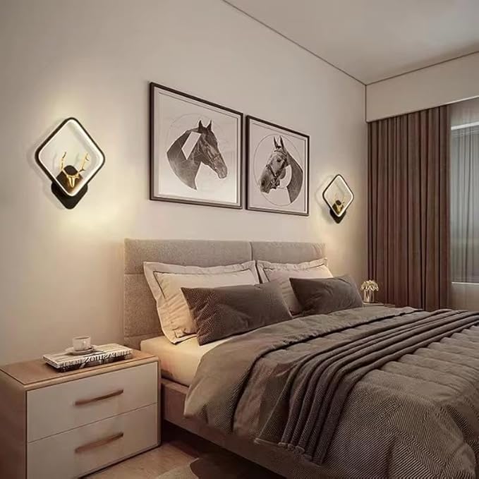 imax Premium Modern LED Deer Wall Light – 3-Color Changing Decorative Bedroom Sconce, Square Frame