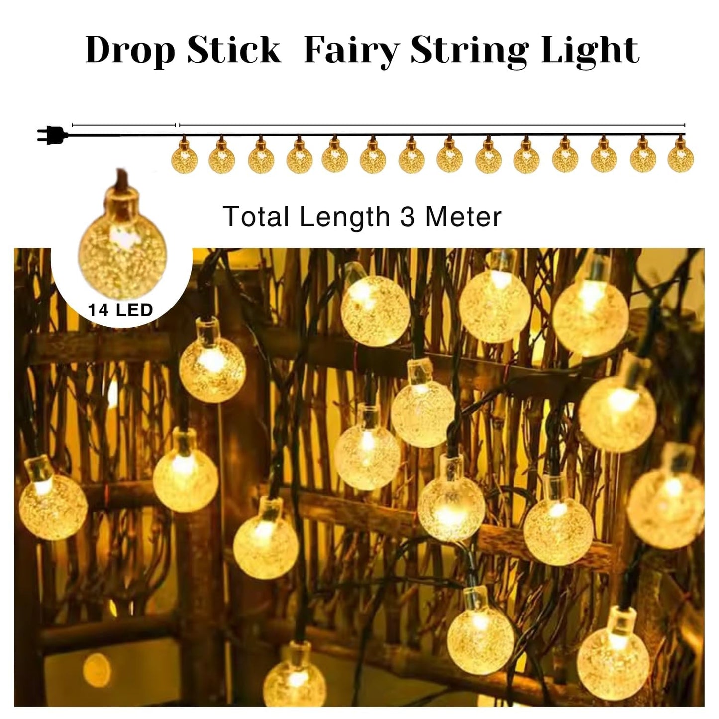 IMAX Festive Diwali & Christmas Decor – LED Lights & Home Decoration Essentials | Crystal Ball String Lights – 14 LED, 3M Warm White Waterproof Fairy Lights for Home & Party Decor