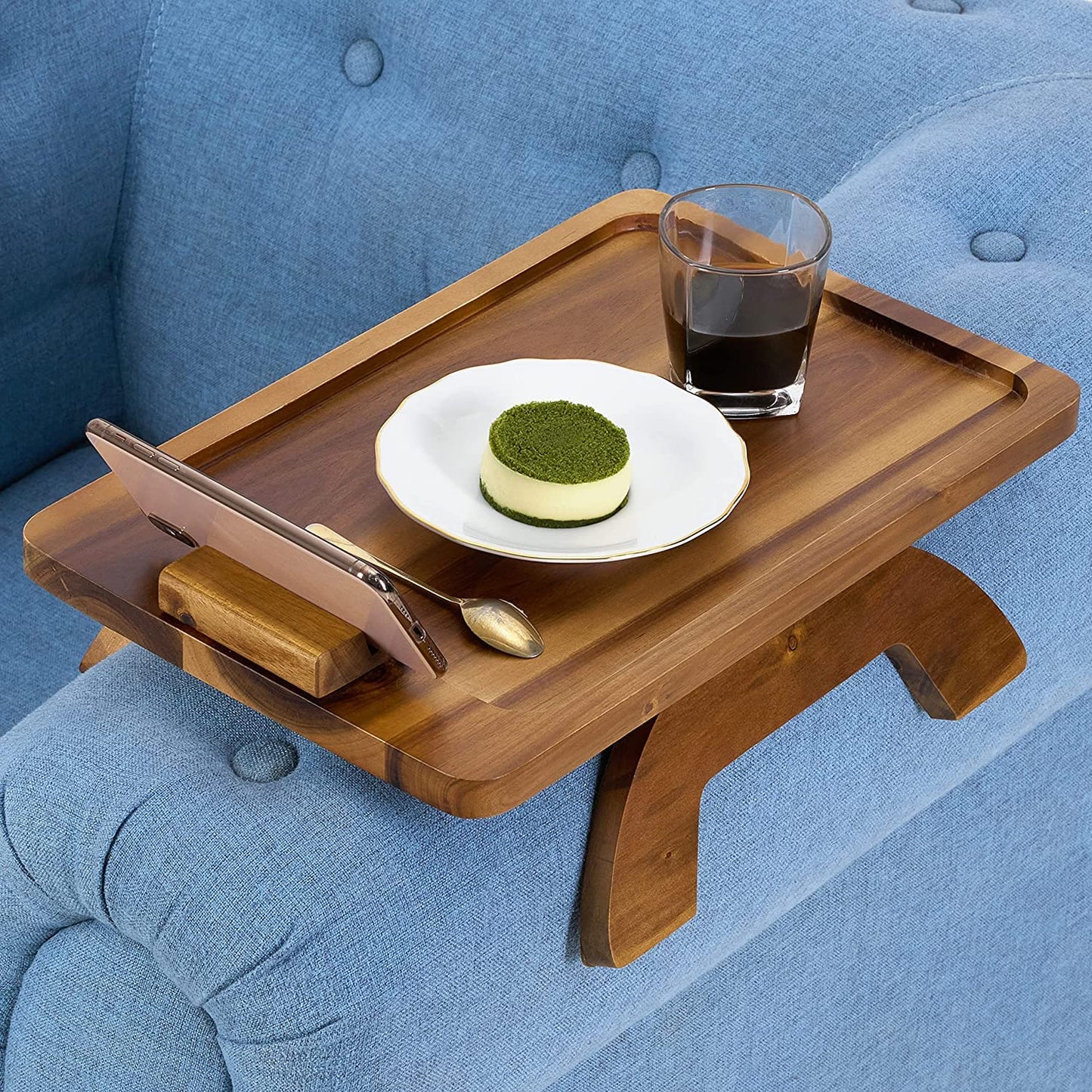imax premium Trays Stable Sofa Tray, Stylish,  Solid, Flexible Sofa Arm Rest Tray, Premium Acacia Wood Material, Foldable , Eco Friendly, Anti Slip and Comfortable with 360 Degree Mobile Holder