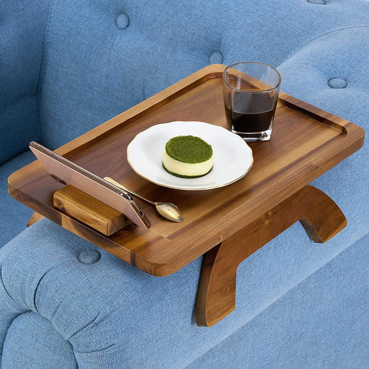 imax premium Trays Stable Sofa Tray, Stylish,  Solid, Flexible Sofa Arm Rest Tray, Premium Acacia Wood Material, Foldable , Eco Friendly, Anti Slip and Comfortable with 360 Degree Mobile Holder
