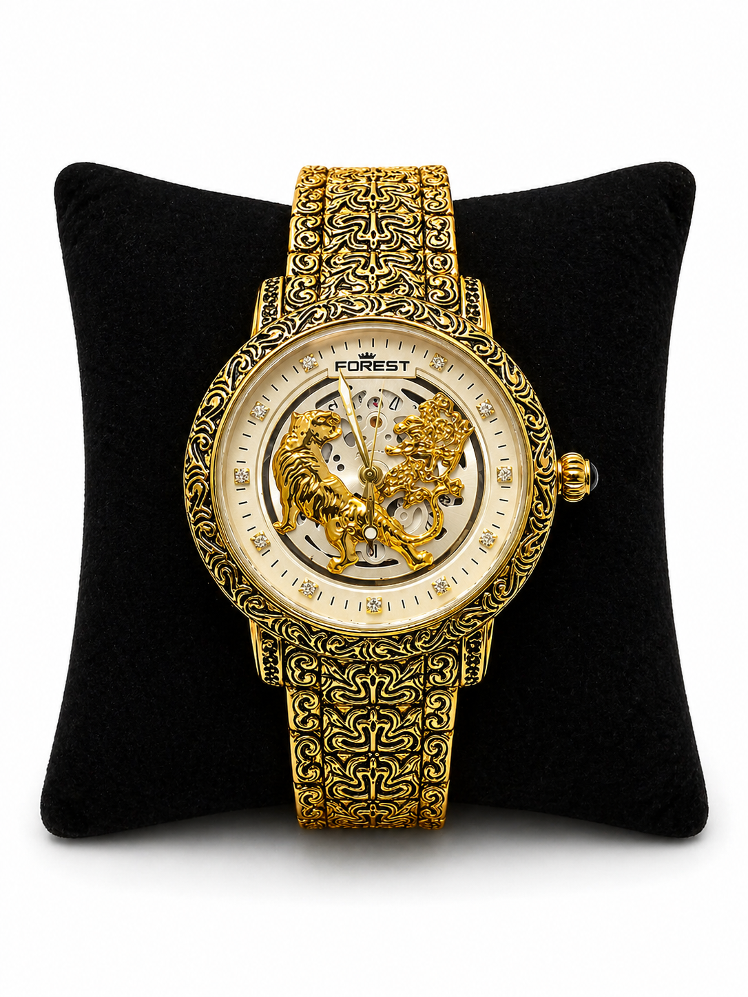 Luxury Gold Skeleton White Dial Watch For Men – Premium Engraved Designer Dial With Stainless Steel Strap