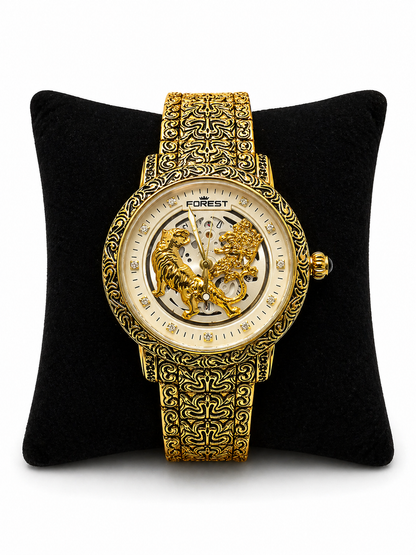 Luxury Gold Skeleton White Dial Watch For Men – Premium Engraved Designer Dial With Stainless Steel Strap