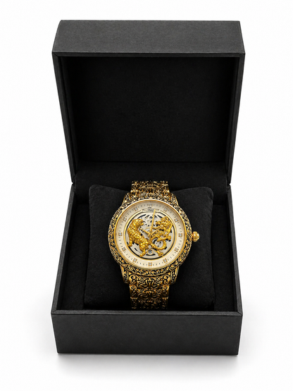 Luxury Gold Skeleton White Dial Watch For Men – Premium Engraved Designer Dial With Stainless Steel Strap