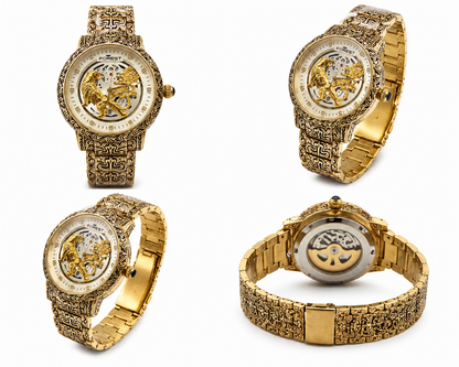 Luxury Gold Skeleton White Dial Watch For Men – Premium Engraved Designer Dial With Stainless Steel Strap
