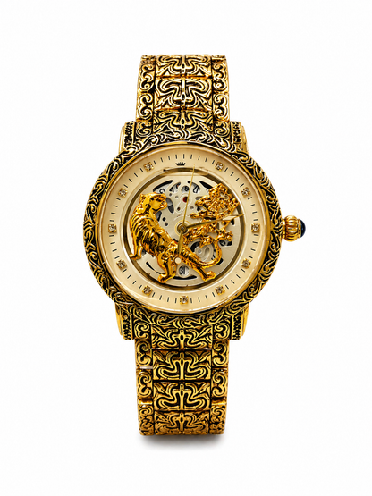 Luxury Gold Skeleton White Dial Watch For Men – Premium Engraved Designer Dial With Stainless Steel Strap