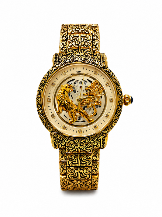 Luxury Gold Skeleton White Dial Watch For Men – Premium Engraved Designer Dial With Stainless Steel Strap