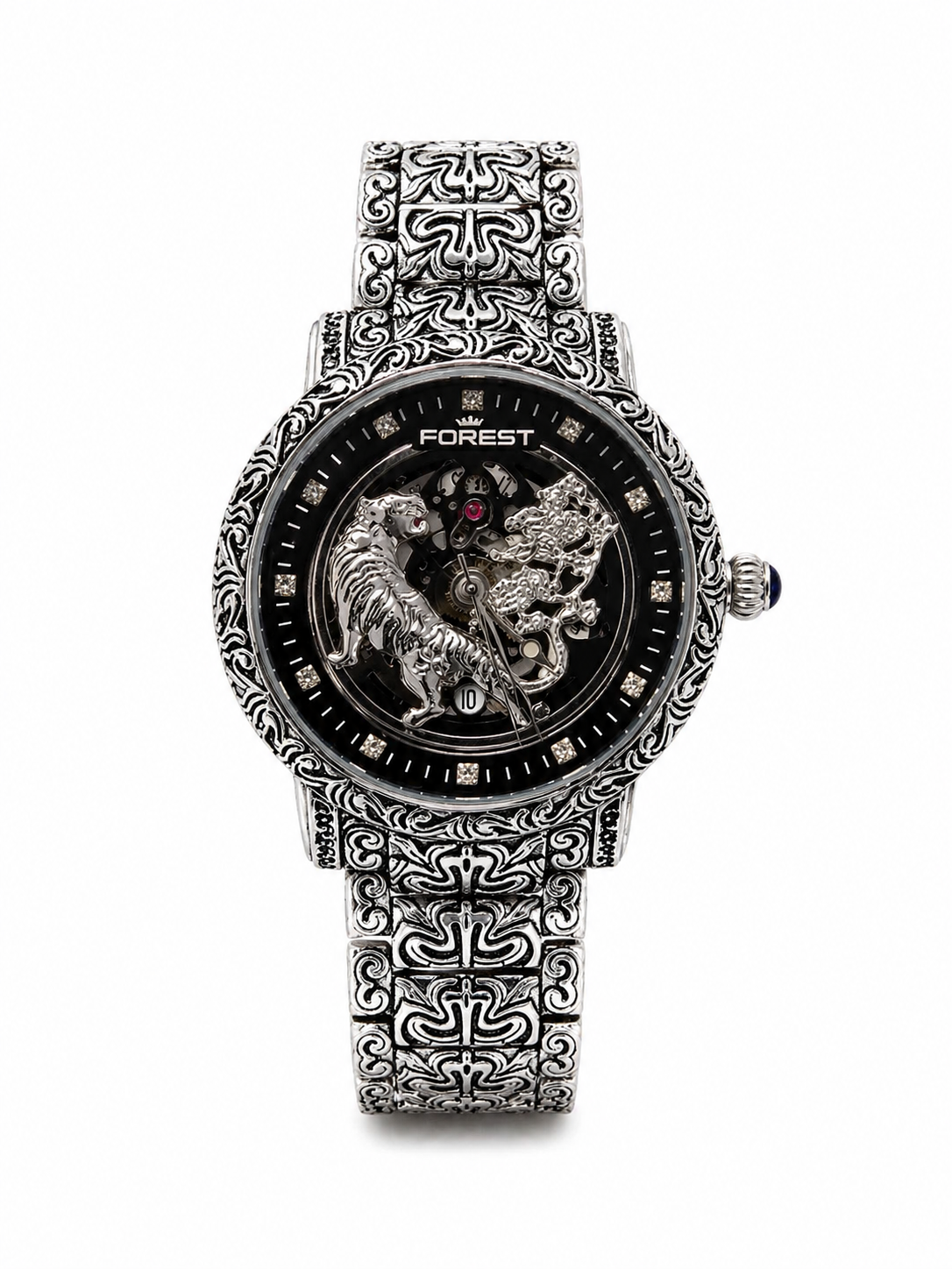 Luxury Skeleton Dial Silver Watch For Men – Engraved Stainless Steel Strap, Designer Watch For Man