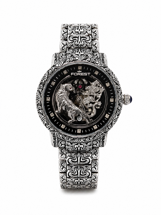 Luxury Skeleton Dial Silver Watch For Men – Engraved Stainless Steel Strap, Designer Watch For Man
