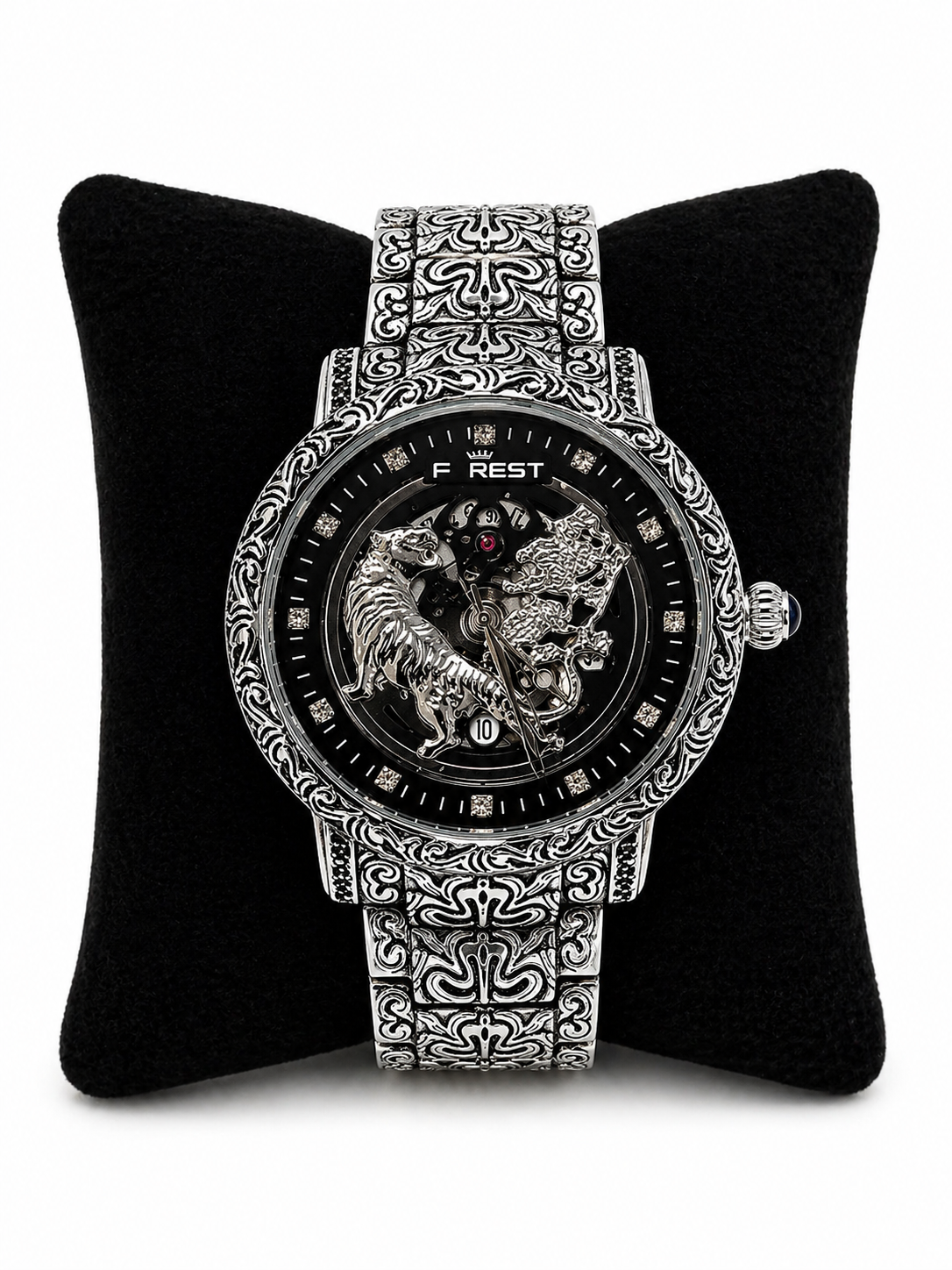 Luxury Skeleton Dial Silver Watch For Men – Engraved Stainless Steel Strap, Designer Watch For Man