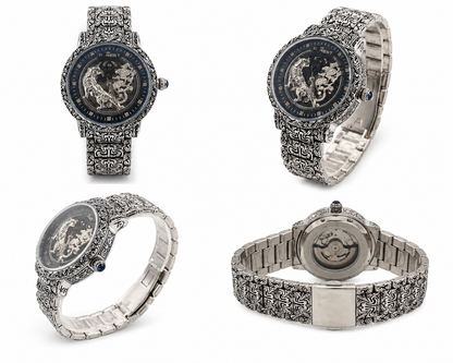 Luxury Skeleton Dial Silver Watch For Men – Engraved Stainless Steel Strap, Designer Watch For Man