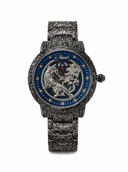 Luxury Skeleton Watch For Men – Engraved Stainless Steel Strap, Tiger & Dragon Dial Design, Premium Mechanical Wrist Watch