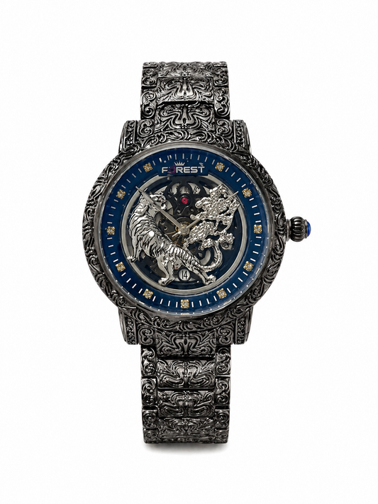 Luxury Skeleton Watch For Men – Engraved Stainless Steel Strap, Tiger & Dragon Dial Design, Premium Mechanical Wrist Watch