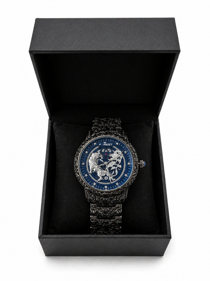 Luxury Skeleton Watch For Men – Engraved Stainless Steel Strap, Tiger & Dragon Dial Design, Premium Mechanical Wrist Watch