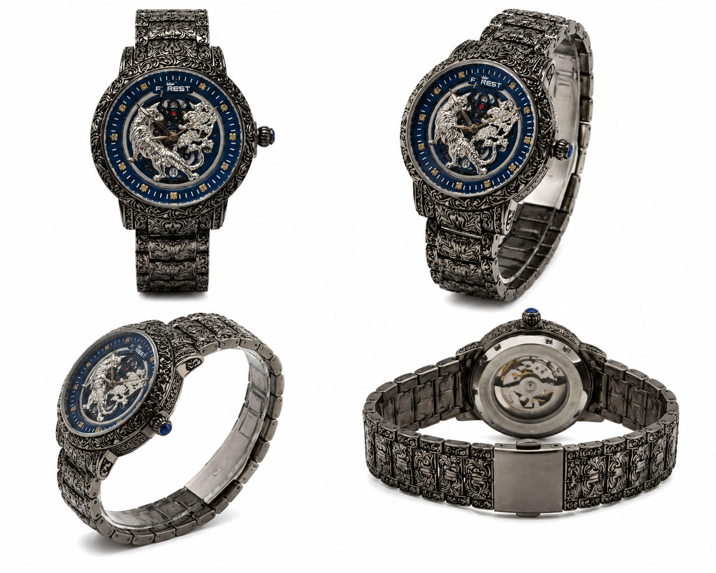 Luxury Skeleton Watch For Men – Engraved Stainless Steel Strap, Tiger & Dragon Dial Design, Premium Mechanical Wrist Watch