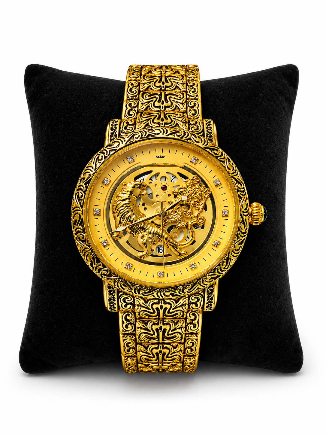 Luxury Gold Skeleton Watch – Designer Engraved Dial With Dragon & Tiger Motif | Premium Metal Strap Analog Watch For Men
