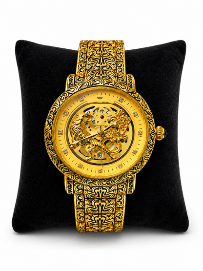 Luxury Gold Skeleton Watch – Designer Engraved Dial With Dragon & Tiger Motif | Premium Metal Strap Analog Watch For Men