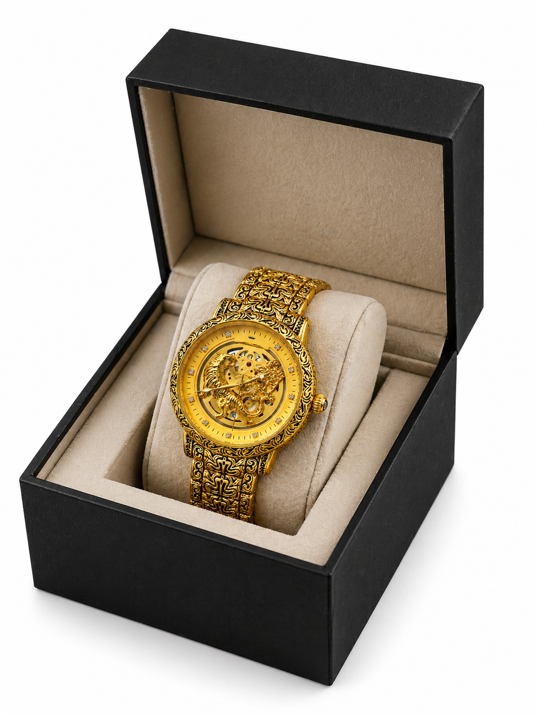 Luxury Gold Skeleton Watch – Designer Engraved Dial With Dragon & Tiger Motif | Premium Metal Strap Analog Watch For Men