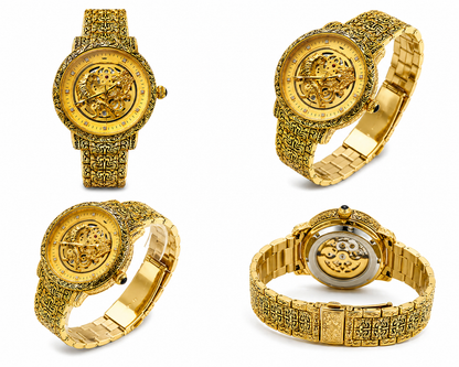 Luxury Gold Skeleton Watch – Designer Engraved Dial With Dragon & Tiger Motif | Premium Metal Strap Analog Watch For Men