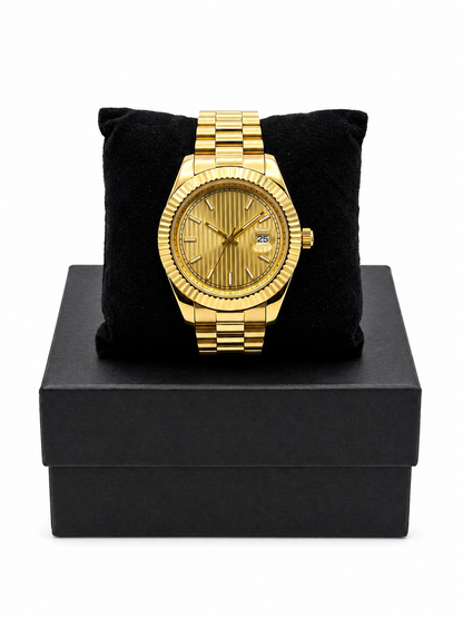 Premium Gold-Tone Luxury Watch With Date Display | Elegant Stainless Steel Designer Timepiece