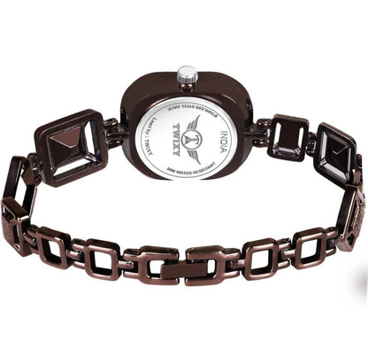 Premium Quality Special Watch Analog Watch - For Girls Premium Square Design Silver Stone Studded & Brown Strap