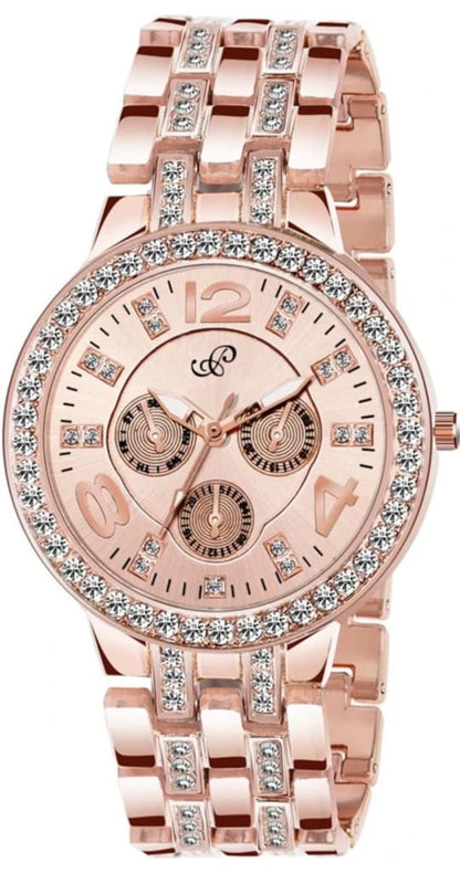 Peach Diamond Studded Analogue Watch For Women & Girls Analog Watch NR 2342 ROSEGOLD