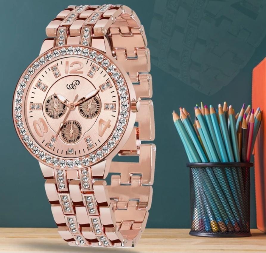 Peach Diamond Studded Analogue Watch For Women & Girls Analog Watch NR 2342 ROSEGOLD