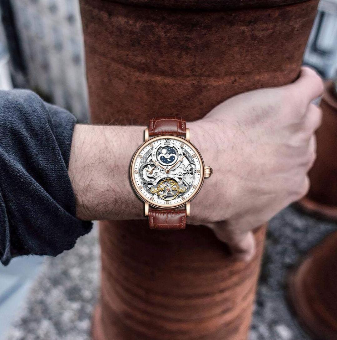 imax Pantonic Men's Luxury Skeleton Automatic Watch | Self-Winding Leather Strap Mechanical Wristwatch