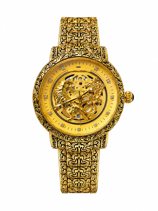 Luxury Gold Skeleton Watch – Designer Engraved Dial With Dragon & Tiger Motif | Premium Metal Strap Analog Watch For Men