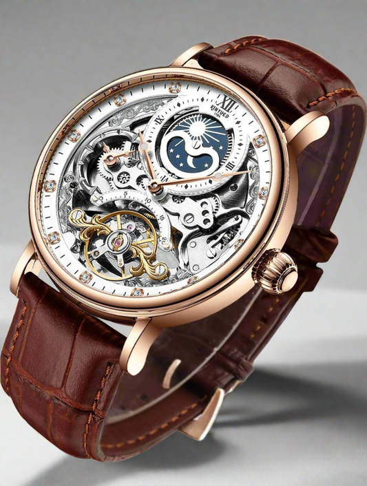 imax Pantonic Men's Luxury Skeleton Automatic Watch | Self-Winding Leather Strap Mechanical Wristwatch